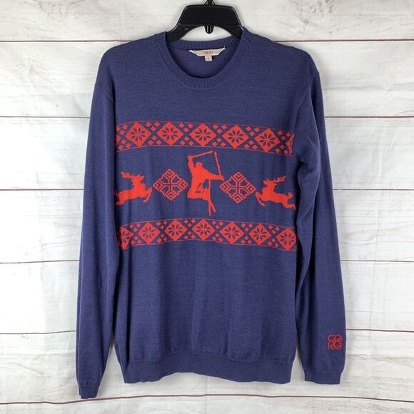 Core Concepts Merino Wool Sweater Pullover Small Red Navy Graphic Ski Deer Geo - Picture 1 of 16